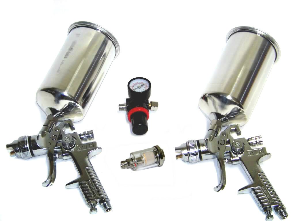 4 PC HVLP AIR SPRAY PAINT GUN 1.4 MM & 1.7 MM + AIR REGULATOR + WATER